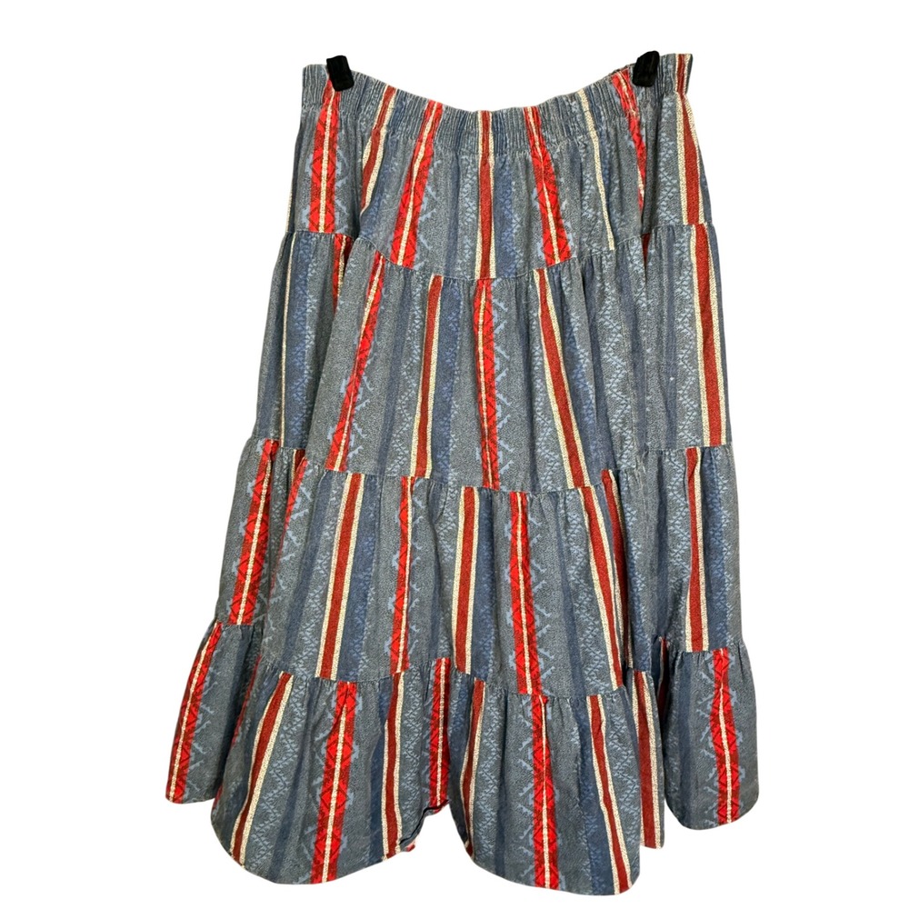 Vintage Style Tiered Maxi Skirt Blue Red Striped Southwestern Boho Large